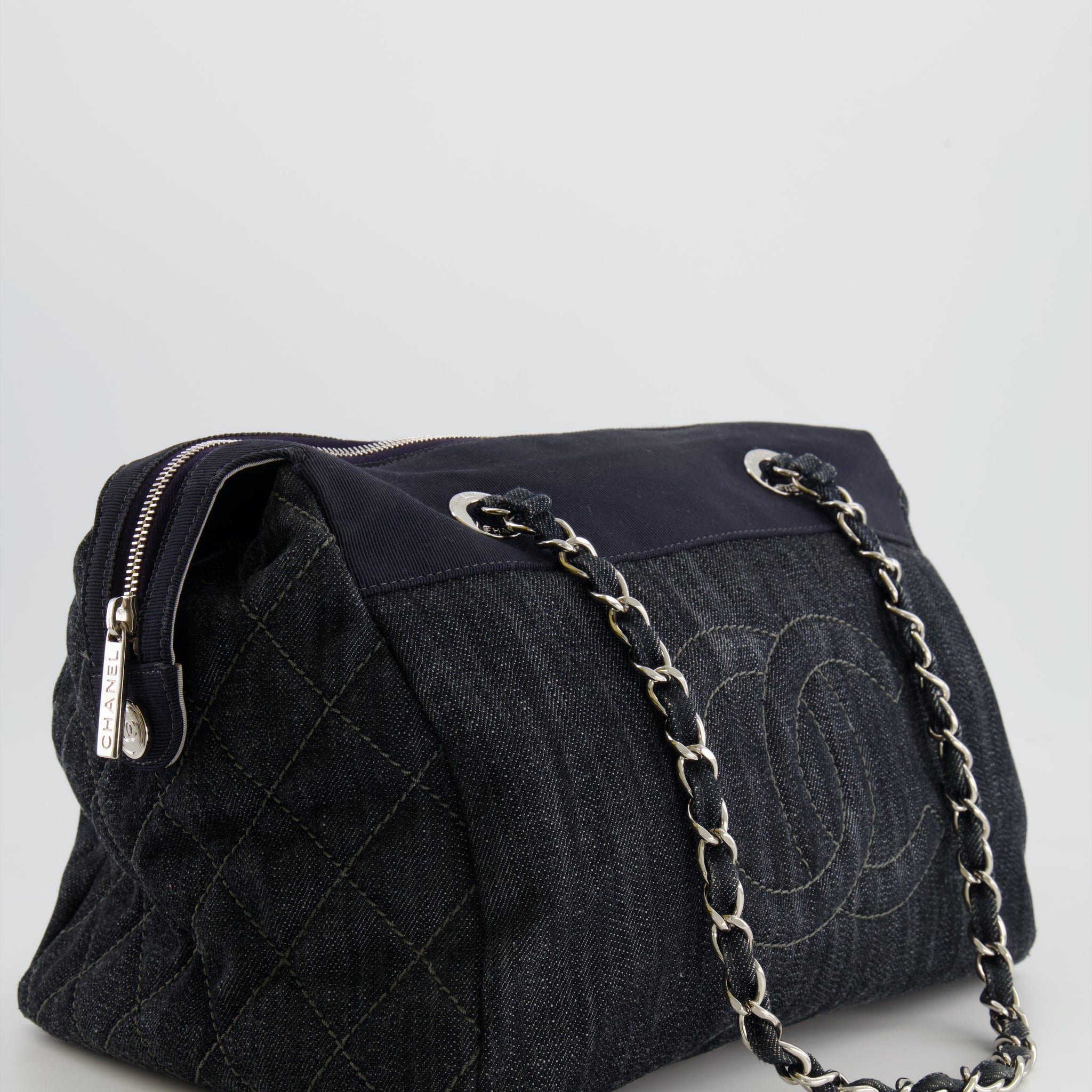 Chanel Navy Denim CC Logo Shoulder Bag with Silver Hardware