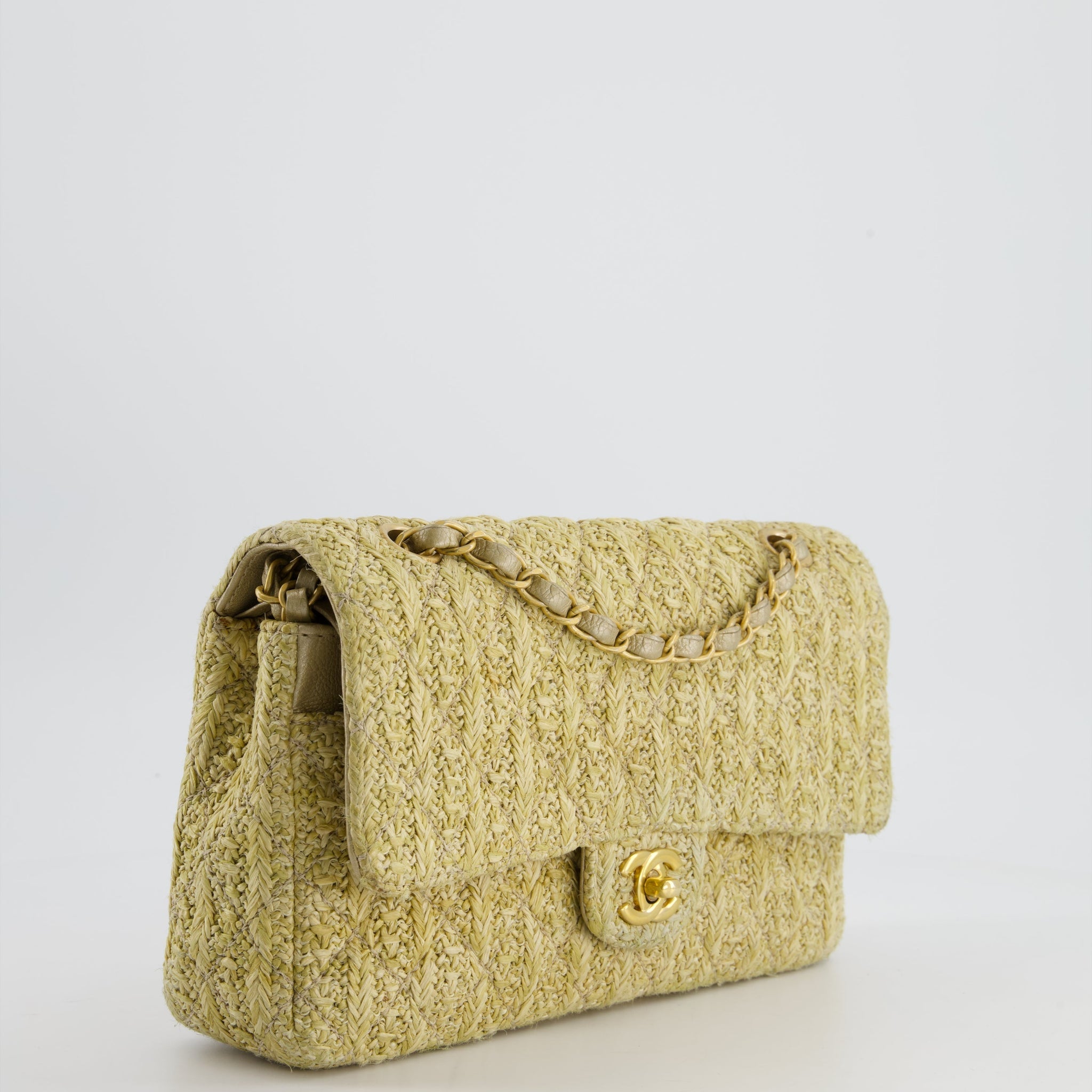 Chanel Beige Raffia Medium Classic Double Flap Bag with Brushed Gold Hardware and Gold Leather Interior