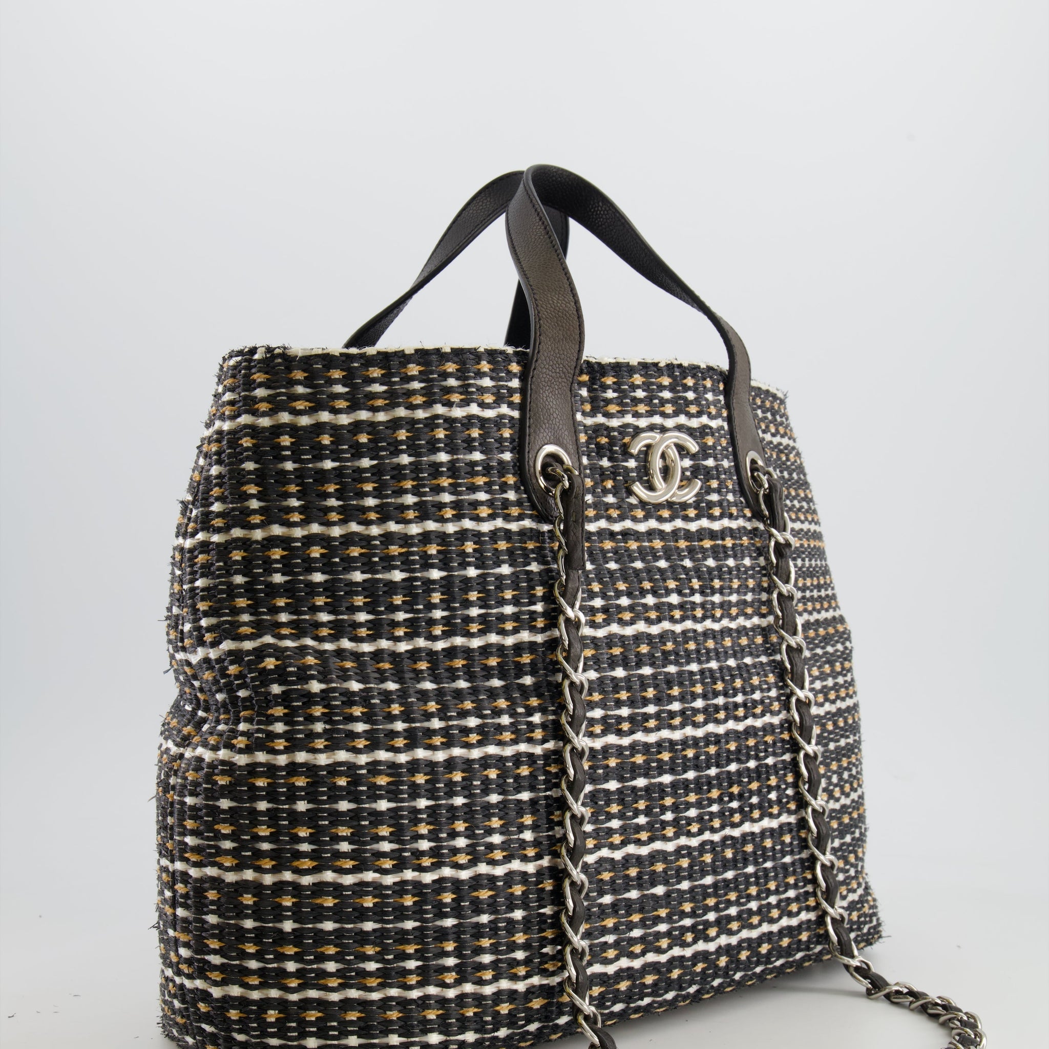 Chanel Black Raffia Chain CC Tote Bag with Silver Hardware