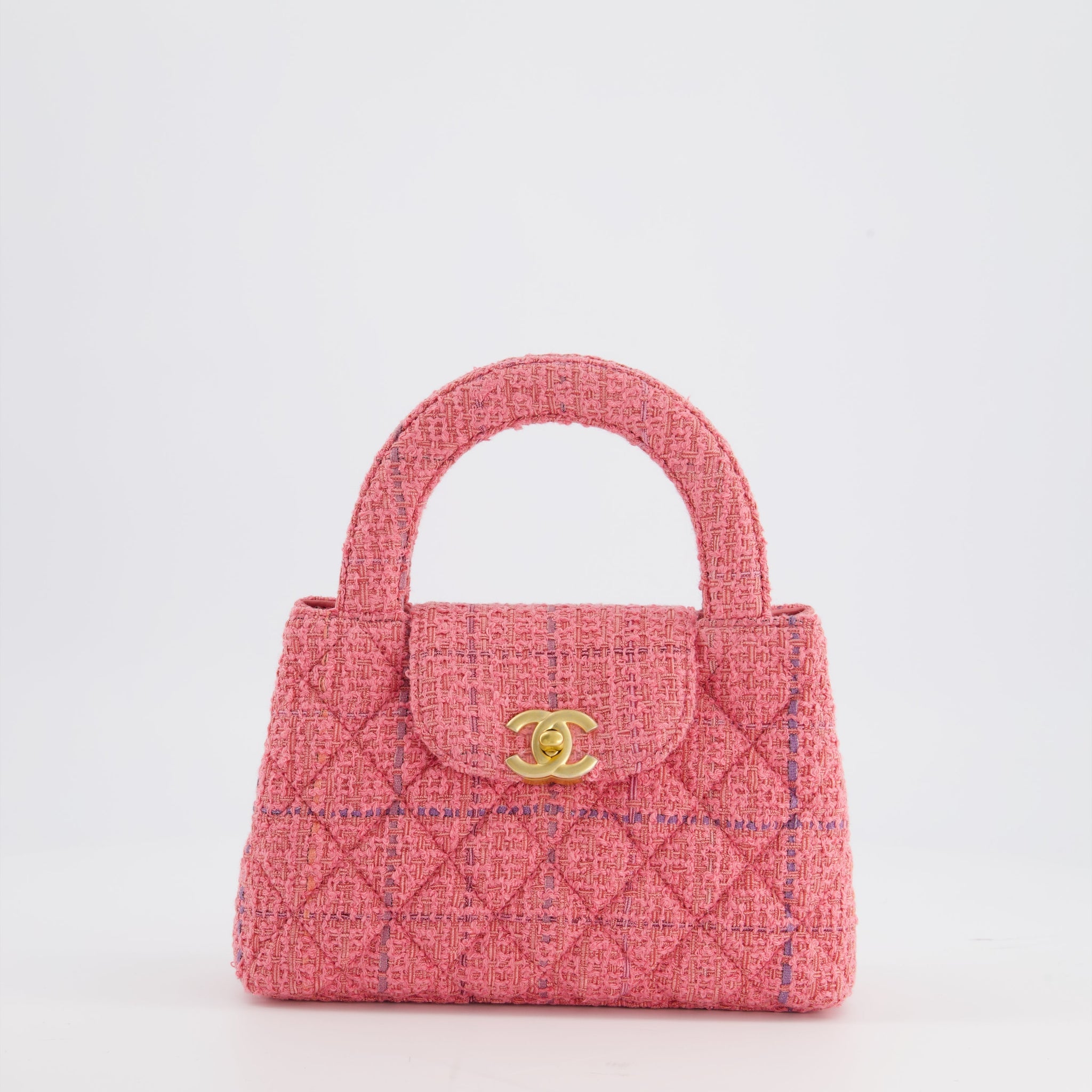 Chanel Pink Tweed Small Kelly Bag with Brushed Antique Gold Hardware