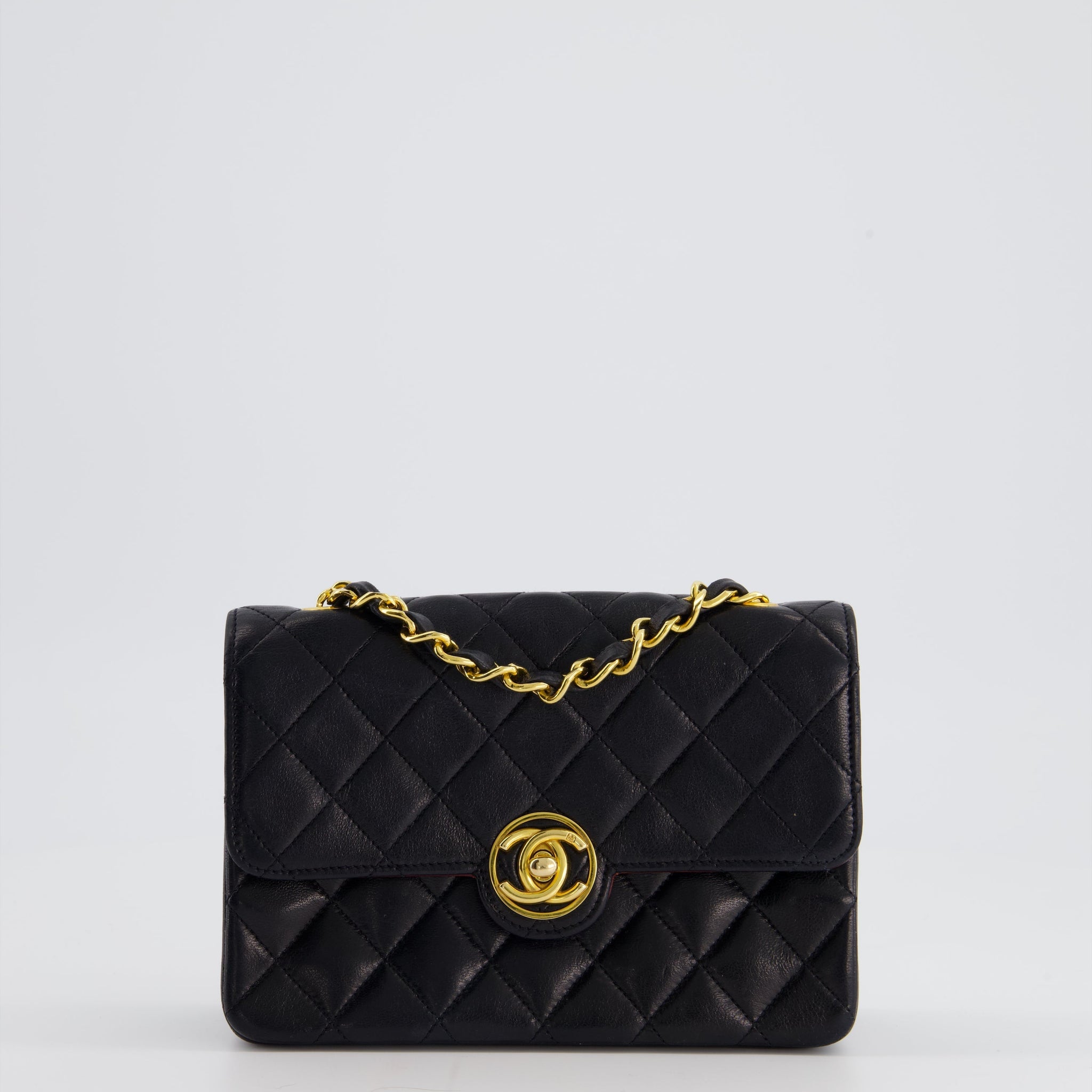 Chanel Vintage Black Mini Rectagular Single Flap Bag in Lambskin Leather and 24K Gold Hardware