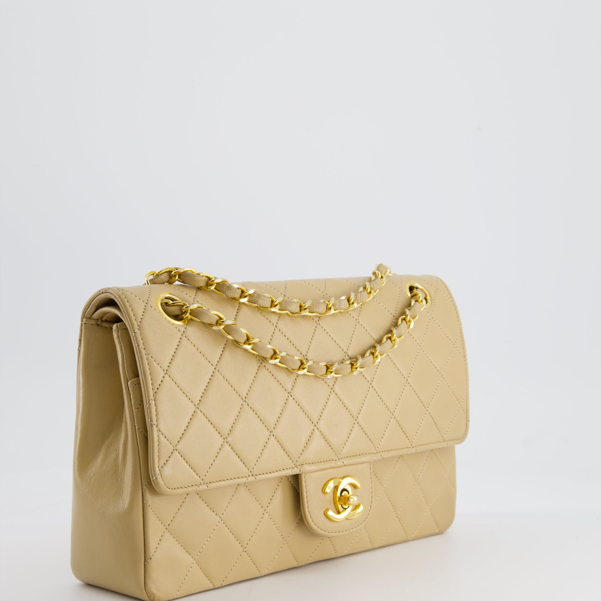 Chanel Beige Vintage Classic Medium Double Flap Bag in Lambskin Leather with 24K Gold Hardware and Stitched Edge