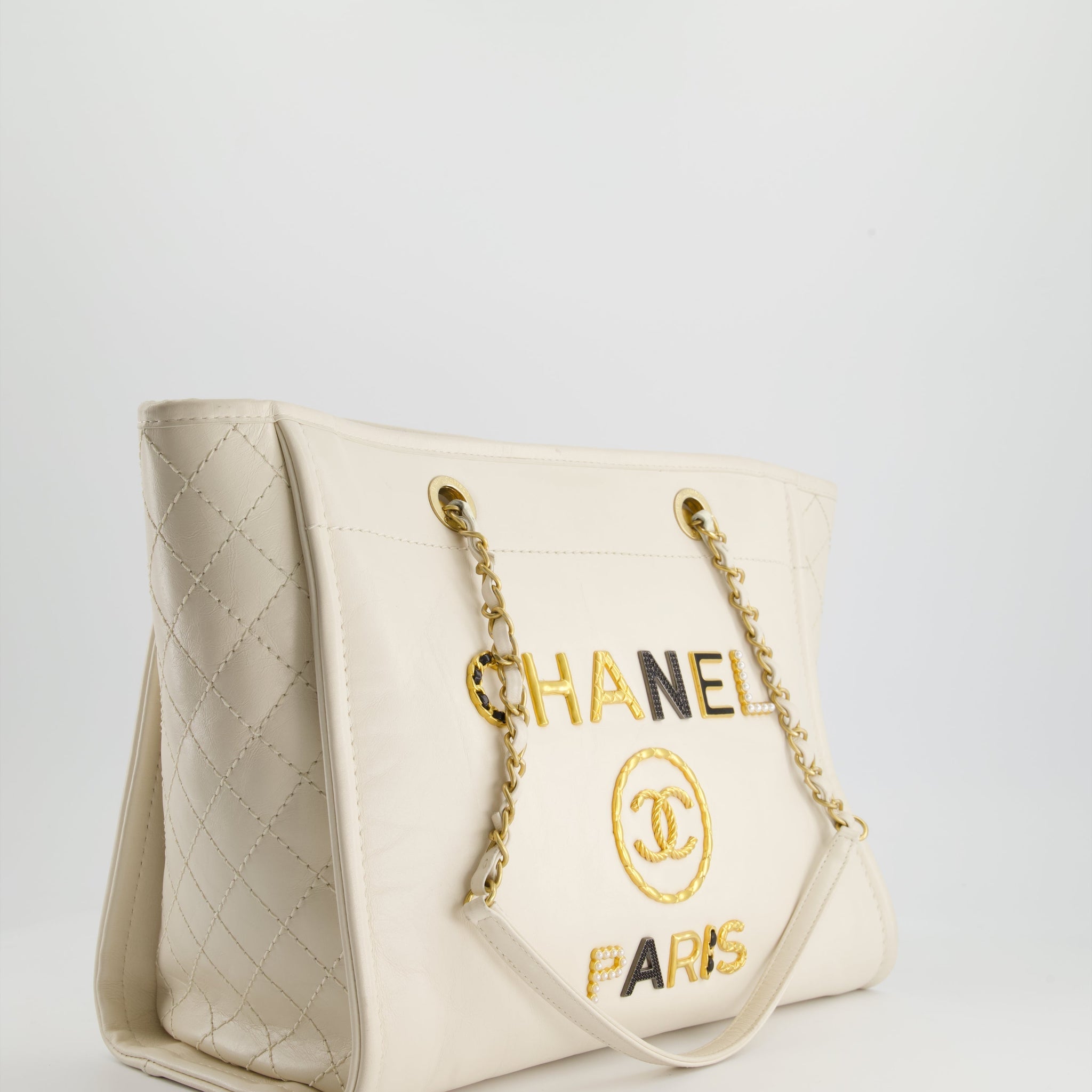 Chanel White Leather Deauville Tote Bag with Gold Hardware
