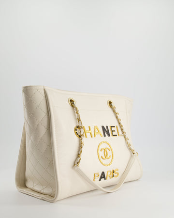Chanel White Leather Deauville Tote Bag with Gold Hardware