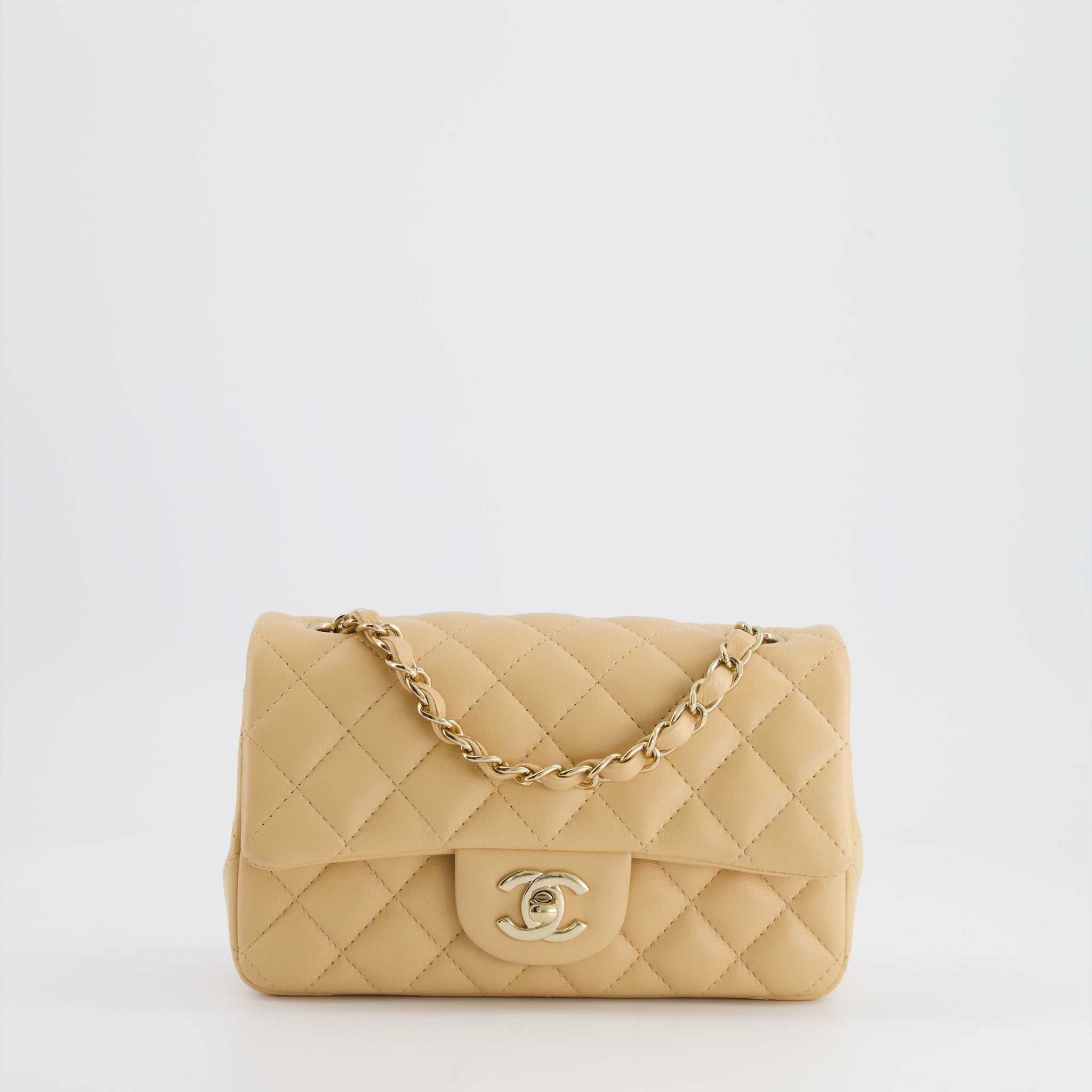 Chanel Beige Mini Rectangular Flap Bag in Lambskin Leather with Gold Hardware
