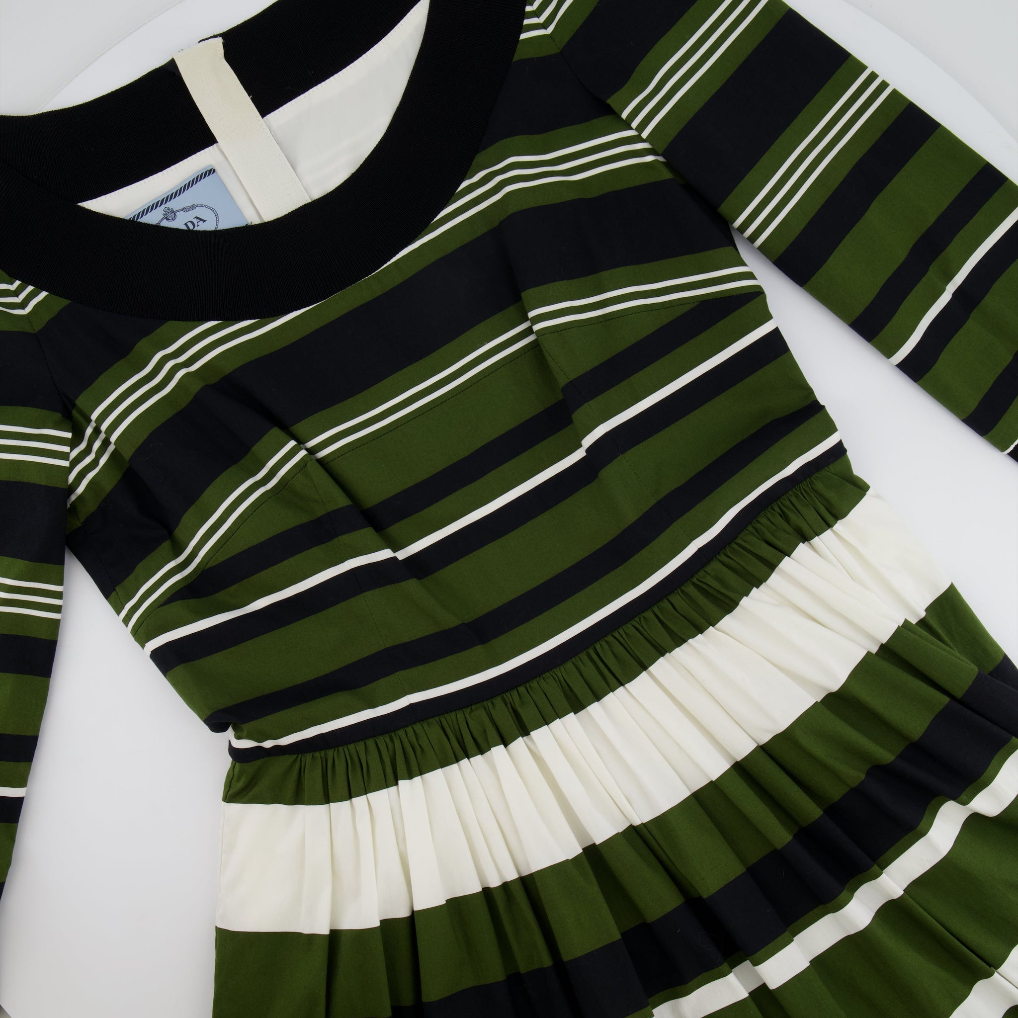 Prada Khaki, Navy & White Striped Mid-Sleeve Off-Shoulder Dress Size IT 40 (UK 8)