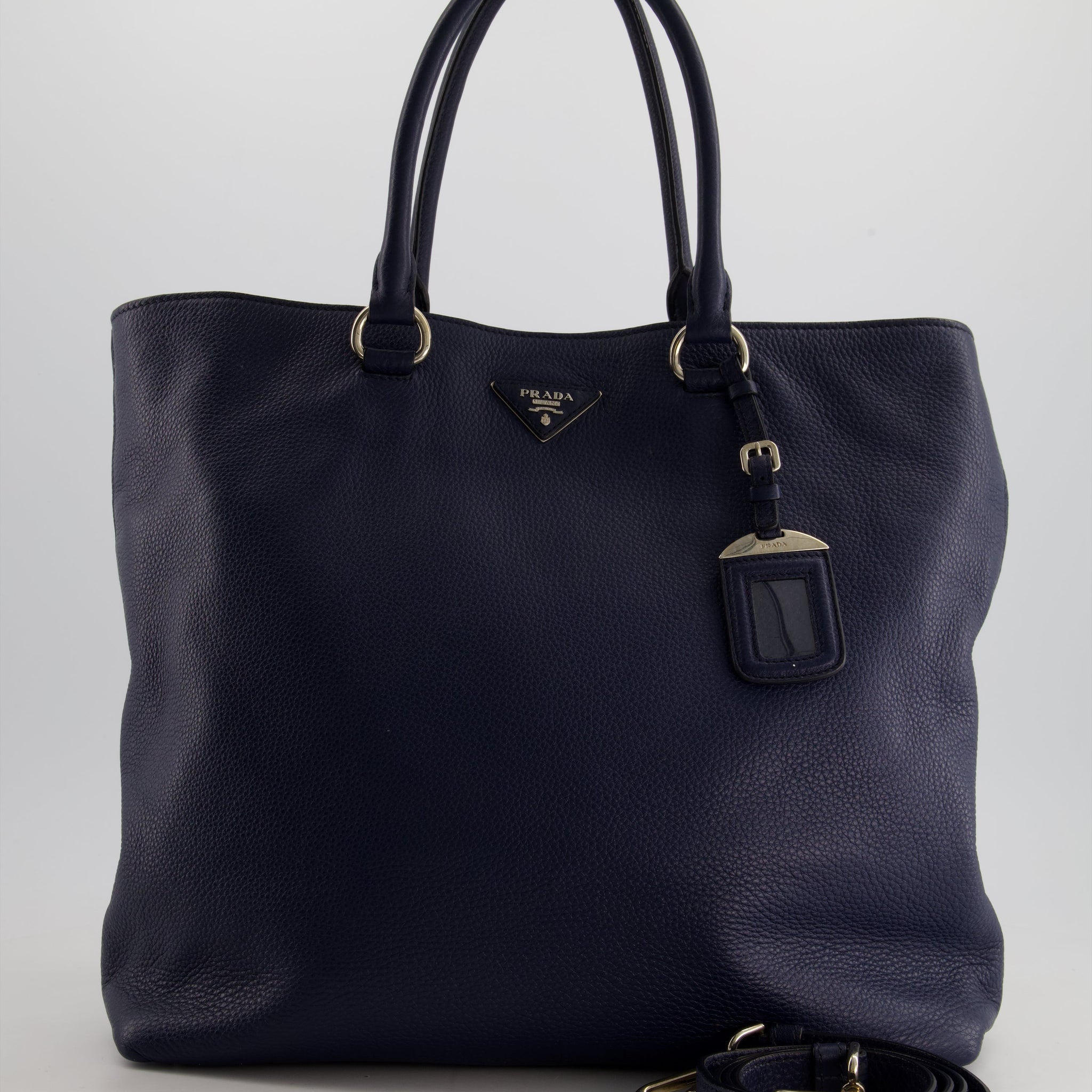 Prada Navy Vitello Daino Square Tote Bag with Silver Hardware