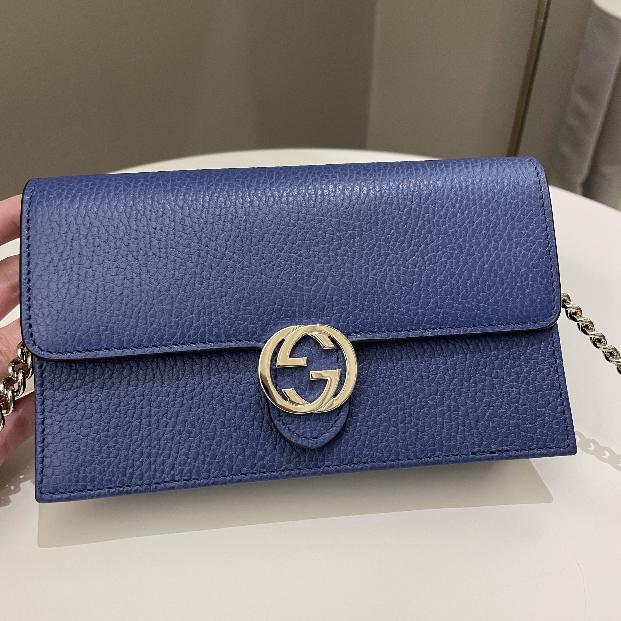 Gucci GG Crossbody Clutch on Chain Blue Grained Leather