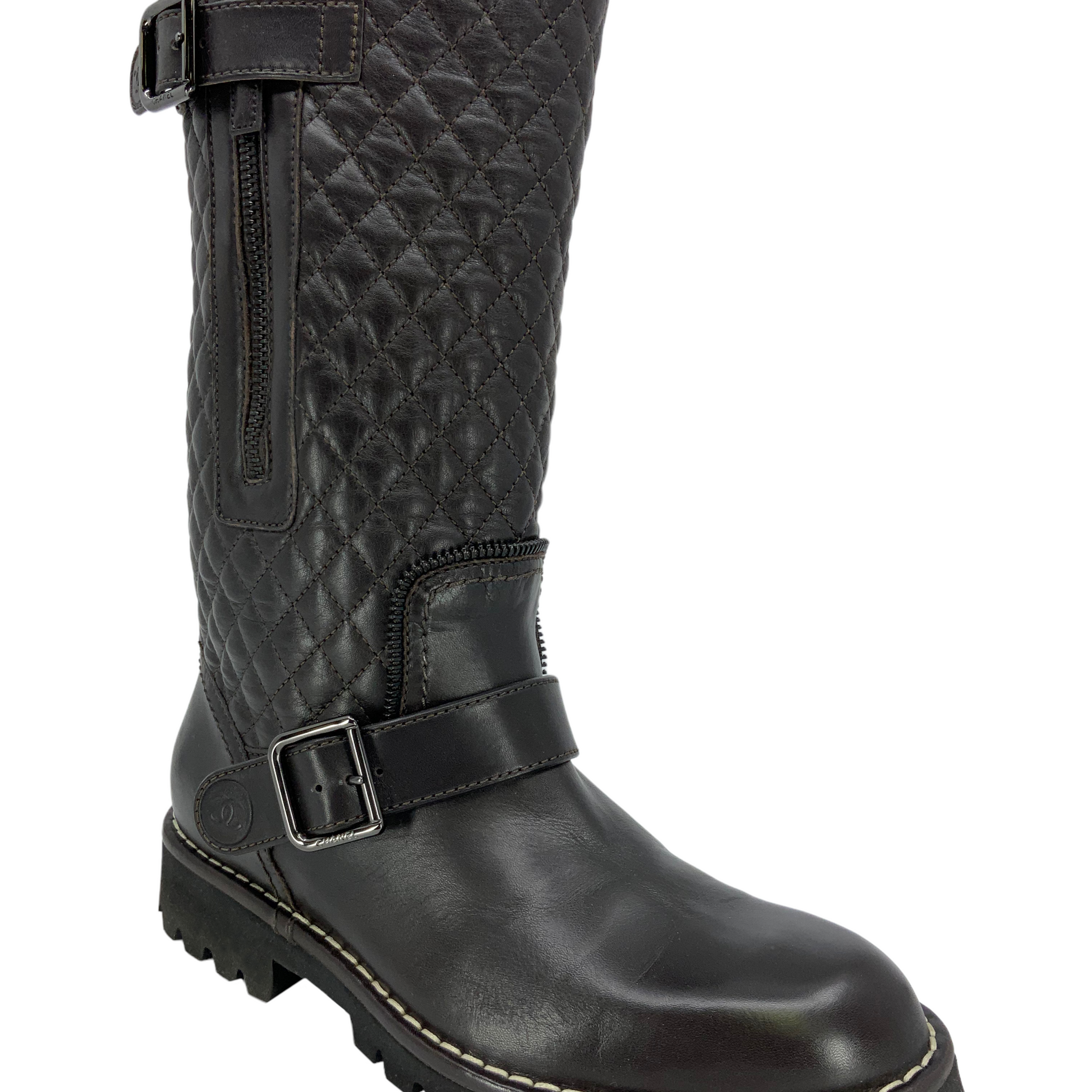 CHANEL Quilted Leather Mid Calf Boots Size 7