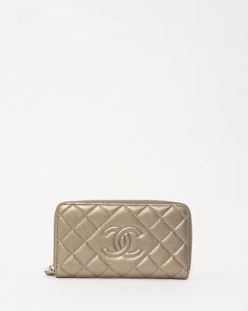 Chanel Silver Quilted Leather CC Zip Around Wallet
