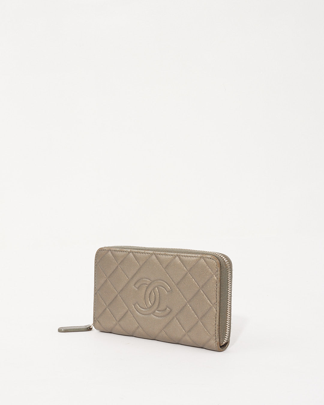 Chanel Silver Quilted Leather CC Zip Around Wallet