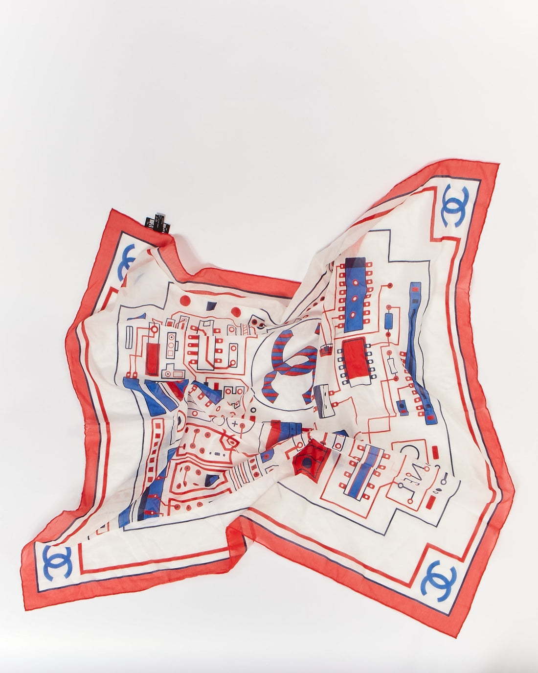 Chanel White/Blue/Red Electric Circuit Cotton Square Scarf
