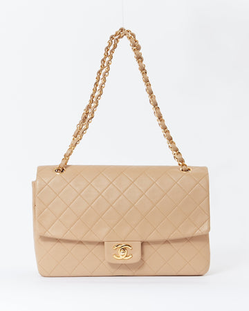 Chanel Vintage Beige Lambskin Medium Single Flap Shoulder Bag GHW