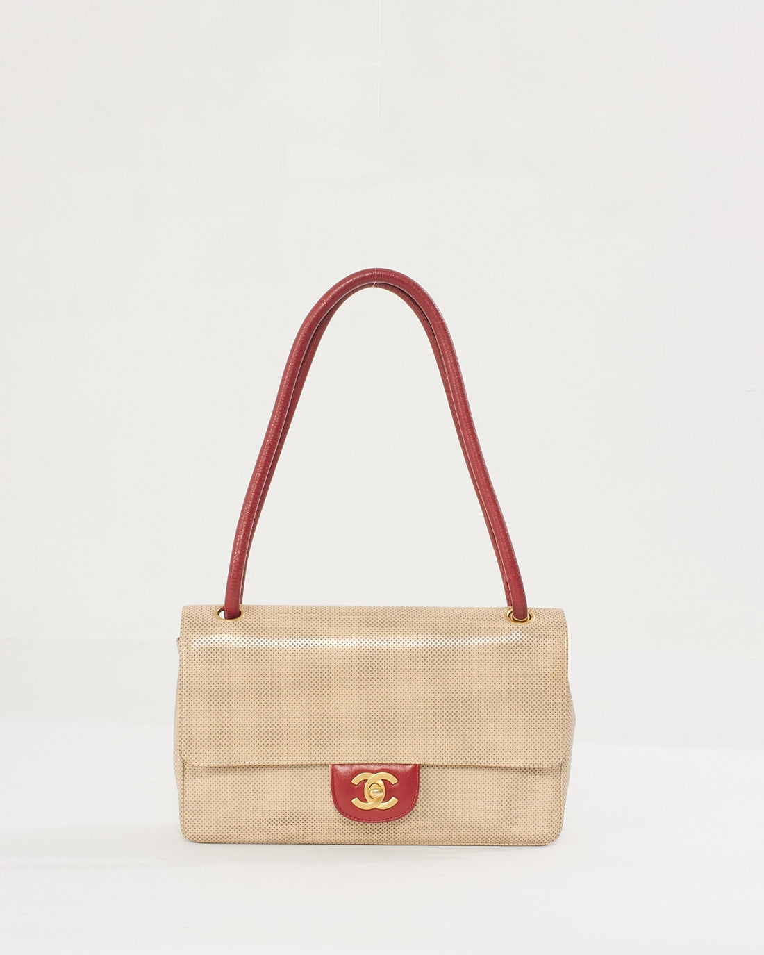 Chanel Vintage Beige/Red Perforated Leather Flap Bag with Gold Hardware