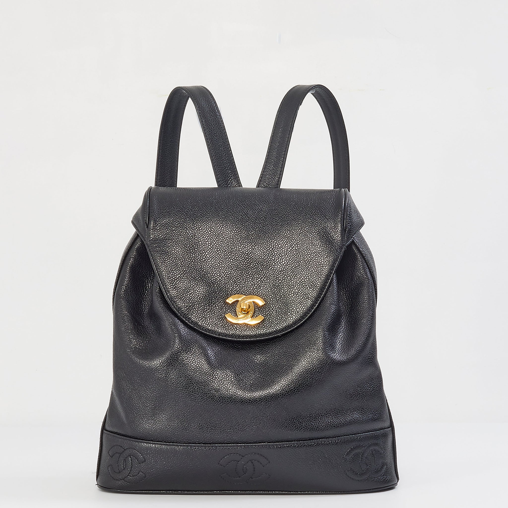 Chanel Vintage Black Caviar Leather Drawstring Triple CC Backpack
