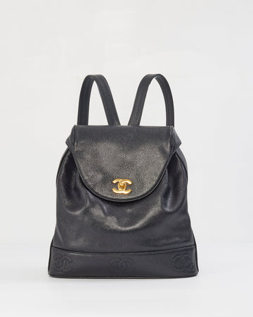 Chanel Vintage Black Caviar Leather Drawstring Triple CC Backpack