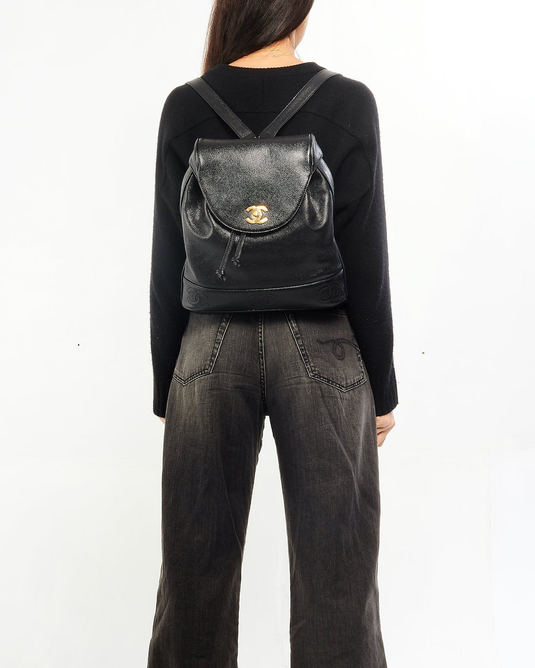 Chanel Vintage Black Caviar Leather Drawstring Triple CC Backpack