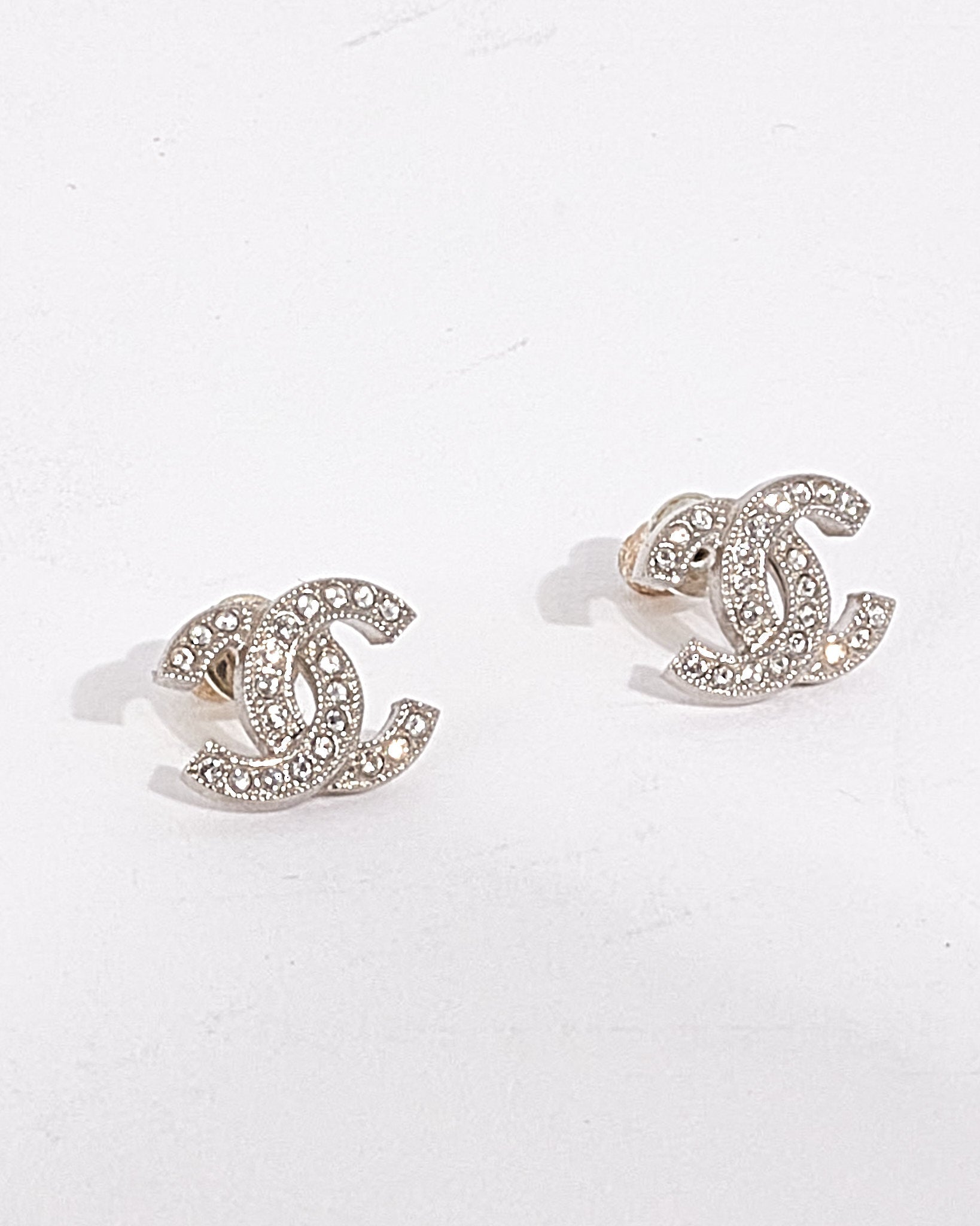Chanel Silver CC Logo Interlocking Crystal Earrings