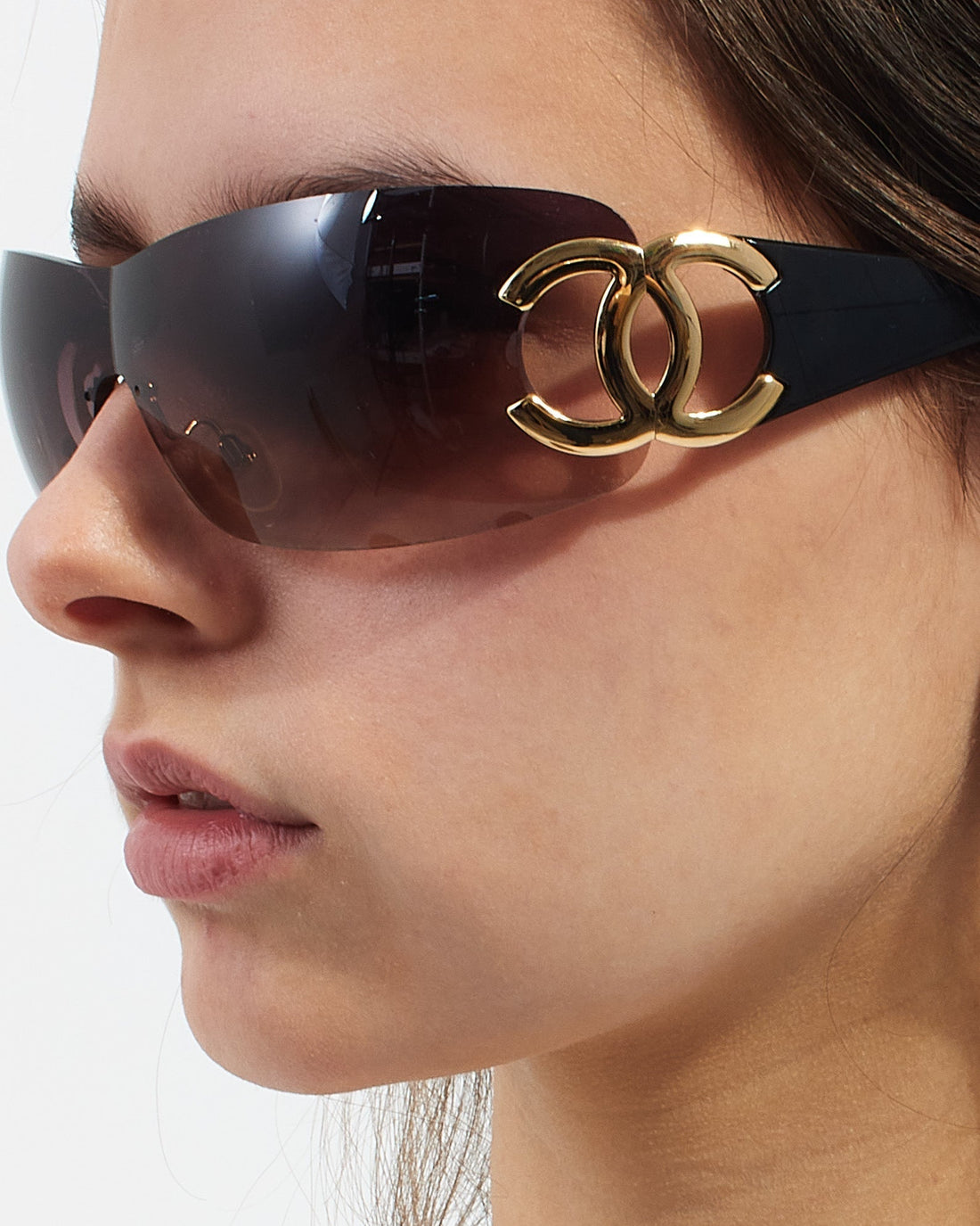 Chanel Vintage Brown 4125 Rimless CC Logo Shield Sunglasses