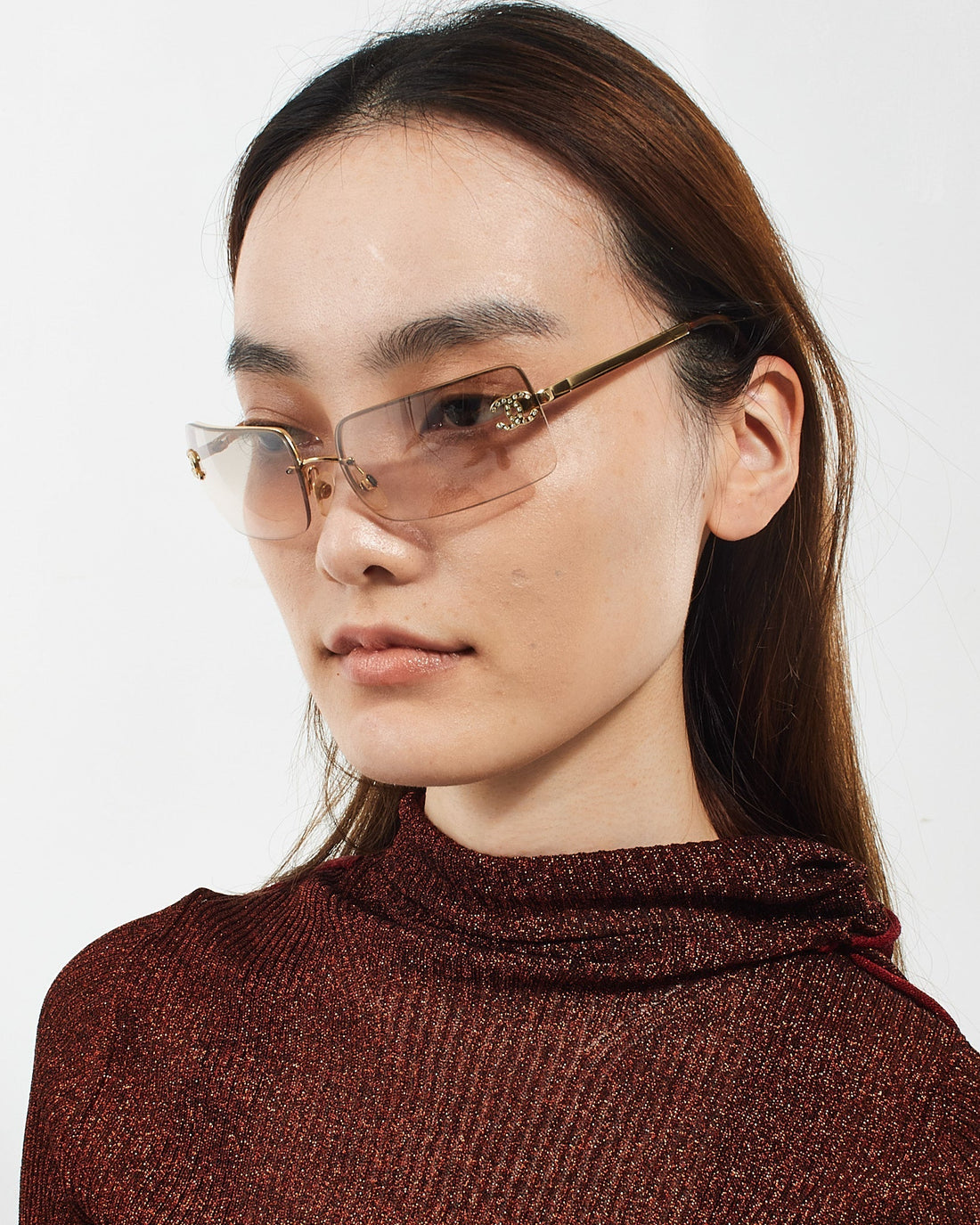 Chanel Vintage Brown Rimless Square Rhinestone Logo Sunglasses - 4104 -B