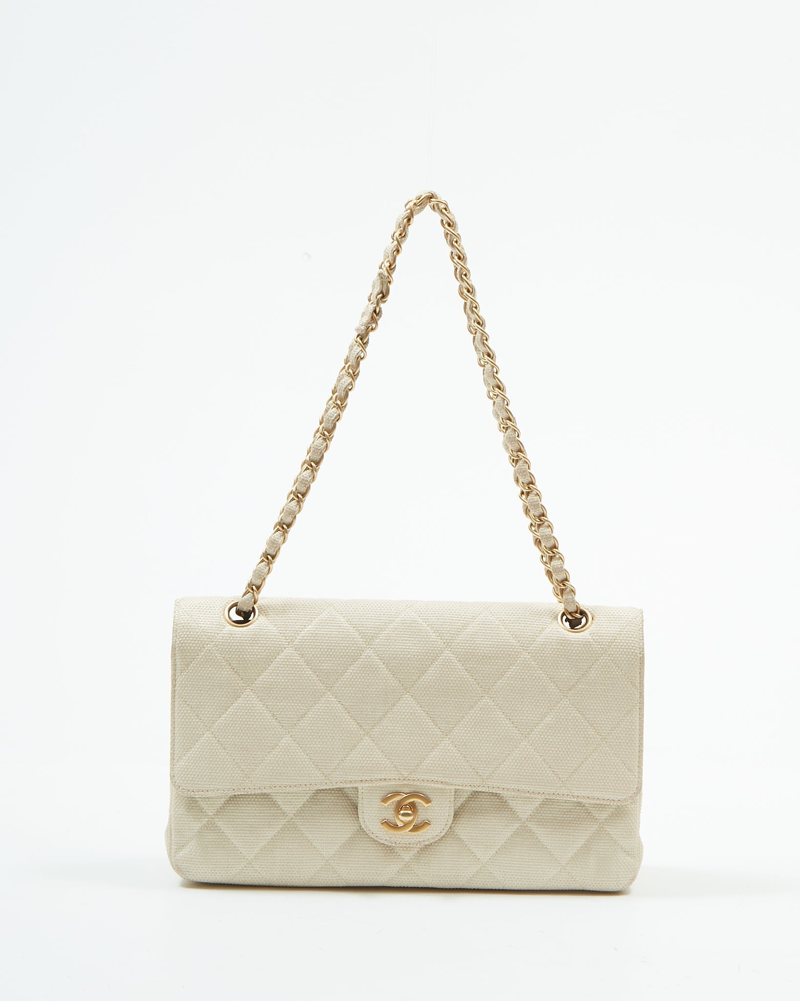 Chanel Vintage Beige Canvas Quilted Medium Double Flap Bag