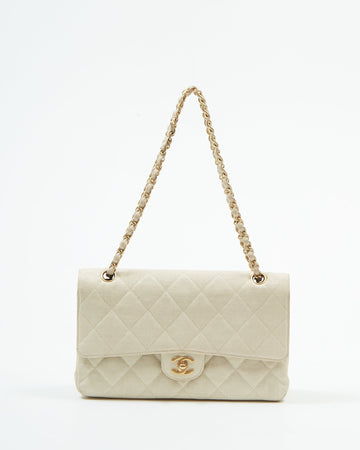 Chanel Vintage Beige Canvas Quilted Medium Double Flap Bag