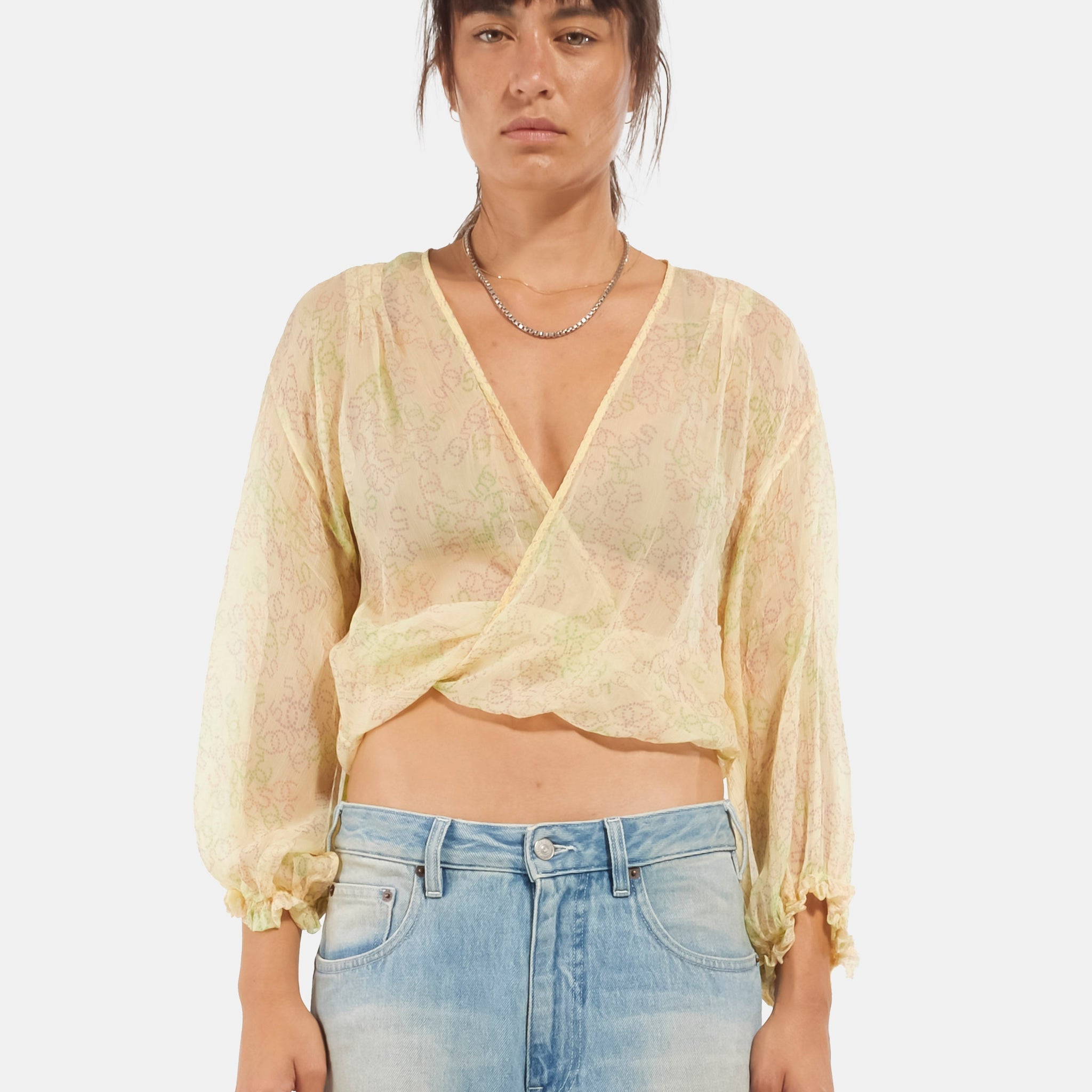 Chanel Yellow Silk CC Logo Wrap Top - 44