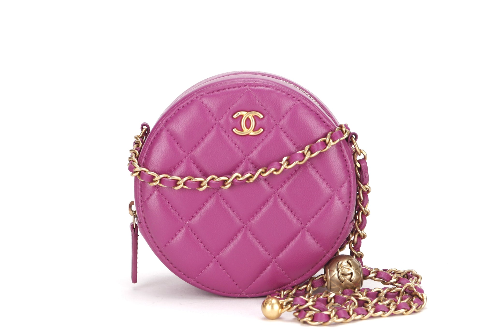 CHANEL PEARL CRUSH ROUND CLUTCH WITH CHAIN (3086xxxx) PURPLE LAMBSKIN GOLD HARDWARE, WITH , DUST COVER & BOX