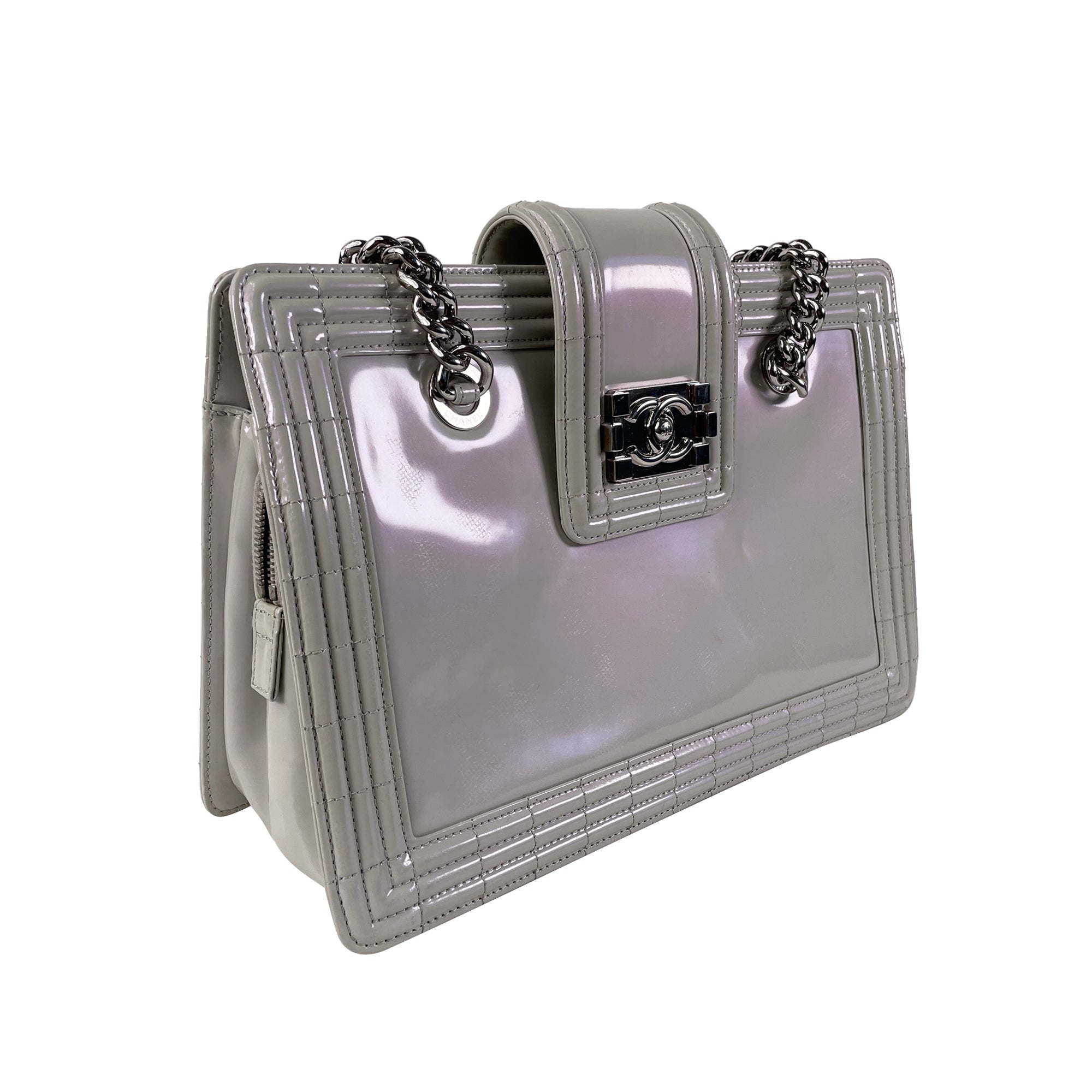 Gray Chanel Iridescent Patent Boy Reverso Shopping Tote