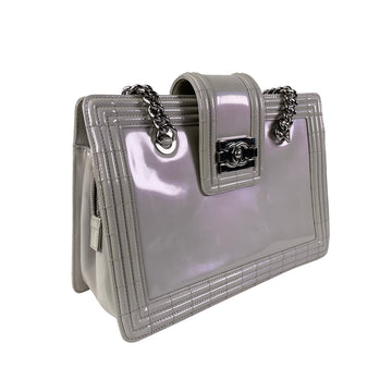Gray Chanel Iridescent Patent Boy Reverso Shopping Tote