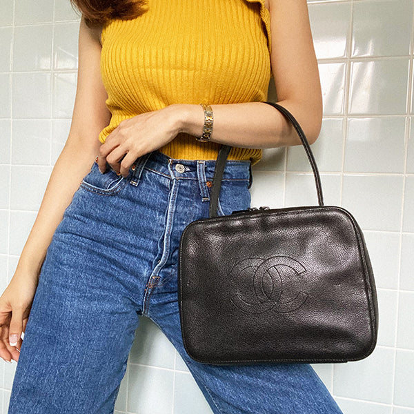 Chanel Around 1998 Made Caviar Skin Cc Mark Stitch Handbag Black