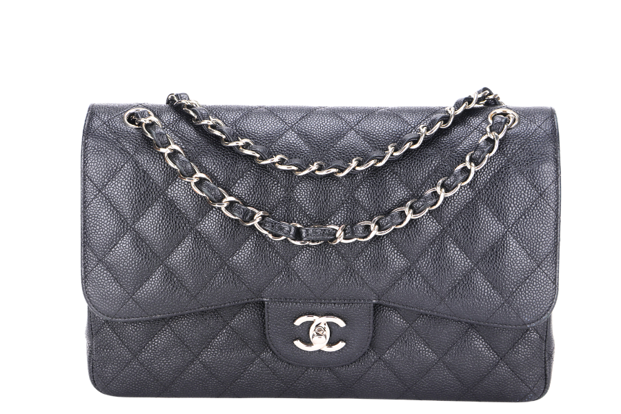 CHANEL CLASSIC FLAP JUMBO (2151xxxx) BLACK CAVIAR SILVER HARDWARE WITH  & DUST COVER
