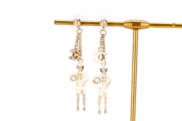 CHANEL WHITE ENAMEL COCO FIGURINE DROP EARRING, NO BOX