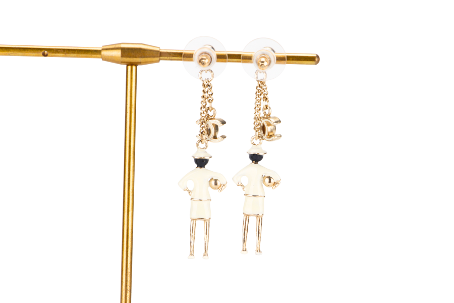 CHANEL WHITE ENAMEL COCO FIGURINE DROP EARRING, NO BOX