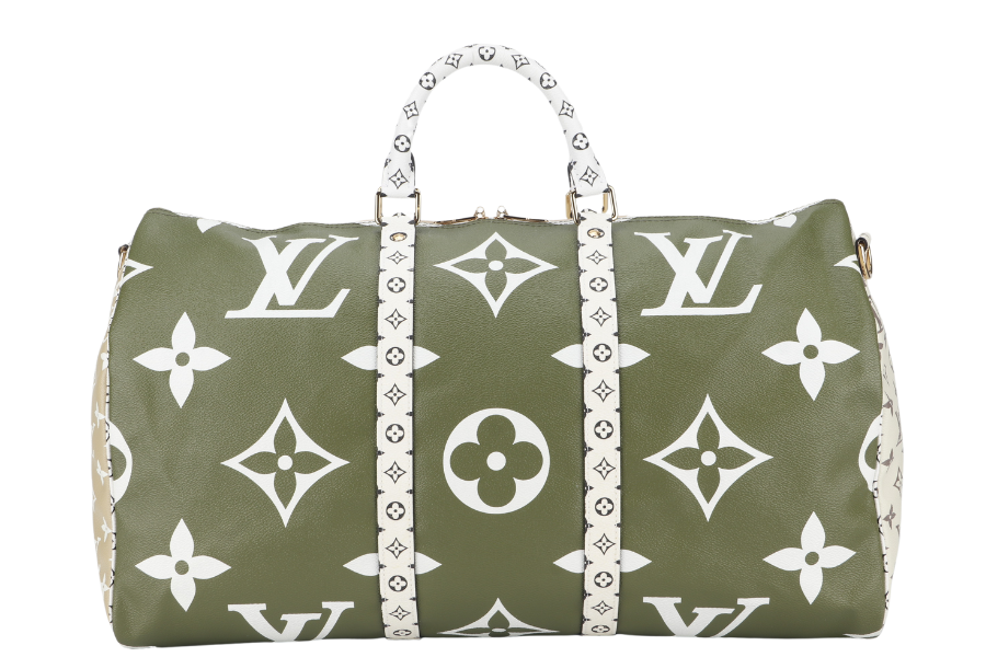 LOUIS VUITTON KEEPALL BANDOULIERE 50 (M44590) KHAKI BEIGE GIANT MONOGRAM GOLD HARDWARE WITH STRAPS, PADLOCK, KEYS, DUST COVER AND BOX
