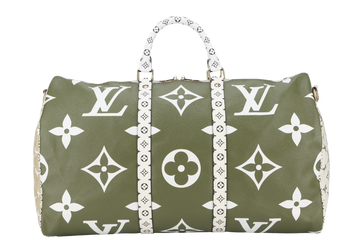 LOUIS VUITTON KEEPALL BANDOULIERE 50 (M44590) KHAKI BEIGE GIANT MONOGRAM GOLD HARDWARE WITH STRAPS, PADLOCK, KEYS, DUST COVER AND BOX