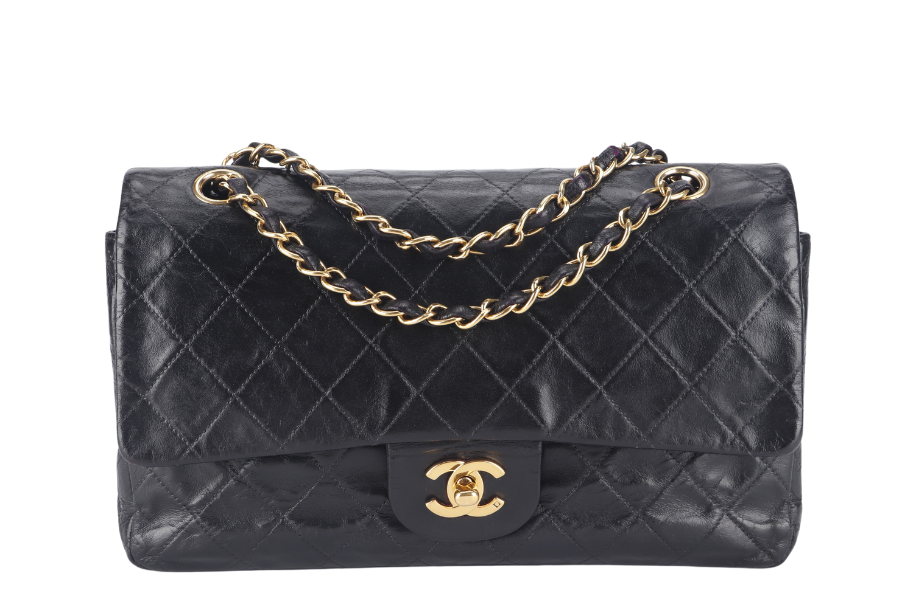 CHANEL VINTAGE CLASSIC DOUBLE FLAP (341xxxx) SMALL BLACK LAMBSKIN LEATHER GOLD HARDWARE NO DUST COVER