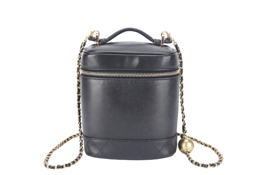CHANEL VINTAGE VANITY CASE (411xxxx) BLACK LAMBSKIN LEATHER GOLD HARDWARE WITH THIRD PARTY CHAIN, COMPARTMENT AND