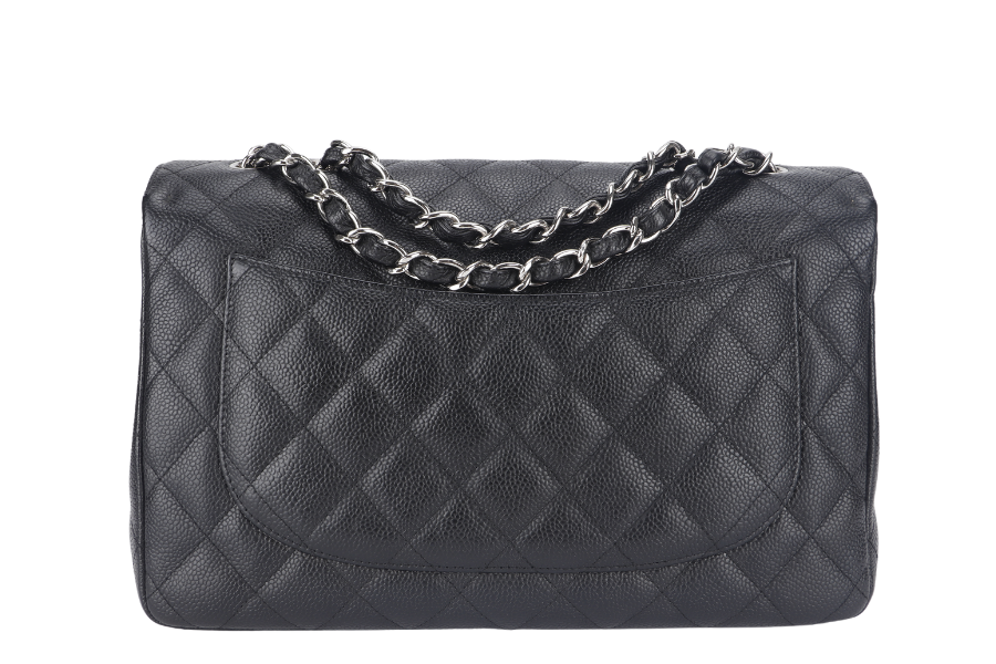 CHANEL CLASSIC FLAP JUMBO (1357xxxx) BLACK CAVIAR LEATHER SILVER HARDWARE WITH DUST COVER AND