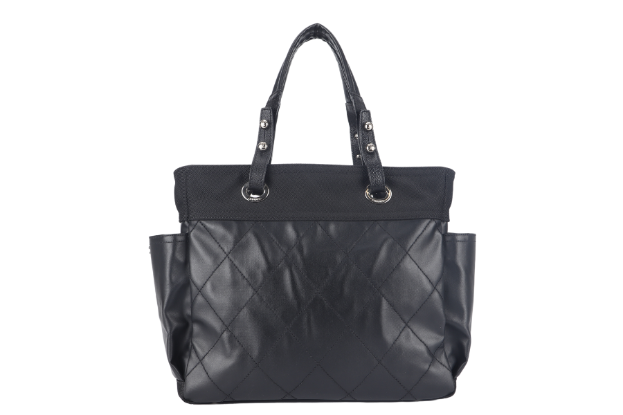 CHANEL PARIS BIARRITZ MEDIUM TOTE (1251xxxx) BLACK COATED CANVAS SILVER HARDWARE WITH , DUST COVER AND BOX