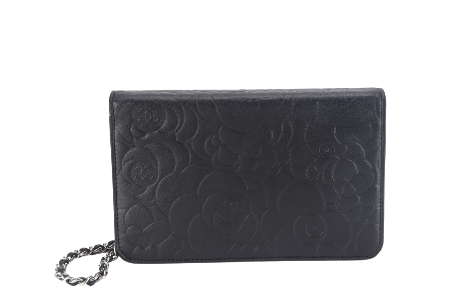 CHANEL CAMELLIA W.O.C (1609xxxx) BLACK EMBOSSED LAMBSKIN SILVER HARDWARE  WITH  AND BOX