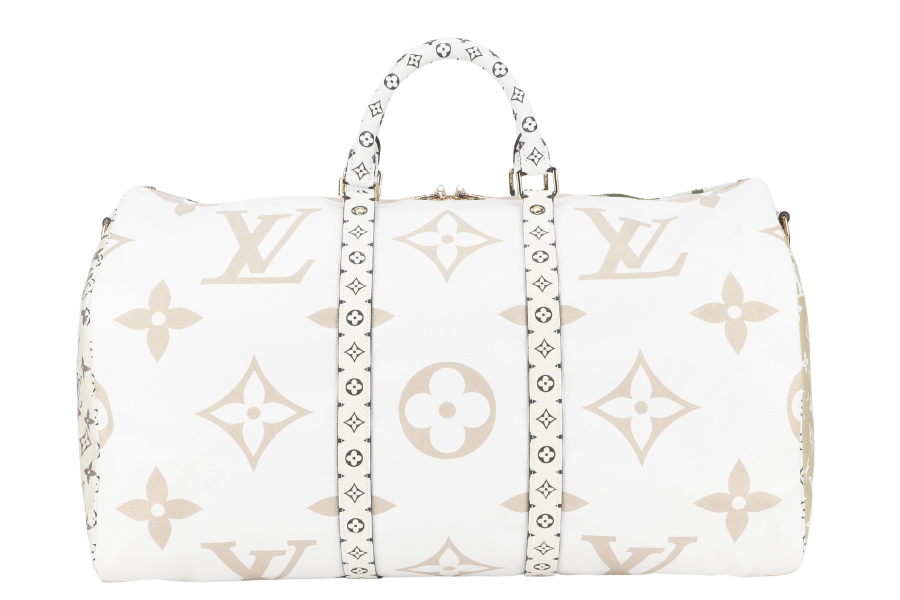LOUIS VUITTON KEEPALL BANDOULIERE 50 (M44590) KHAKI BEIGE GIANT MONOGRAM GOLD HARDWARE WITH STRAPS, PADLOCK, KEYS, DUST COVER AND BOX