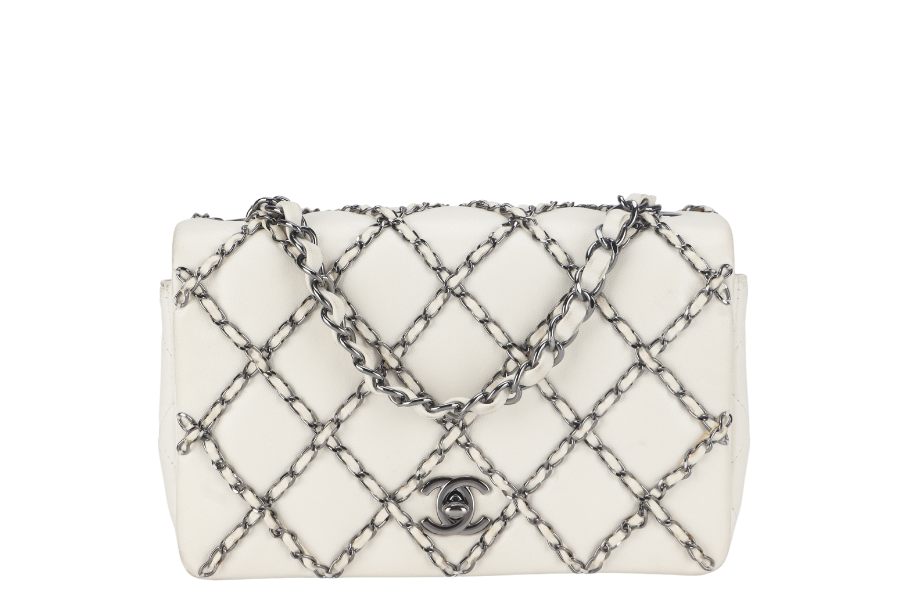 CHANEL QUILTING ENCHAINED FLAP BAG (1968xxxx) WHITE LAMBSKIN LEATHER SILVER HARDWARE WITH , DUST COVER AND BOX