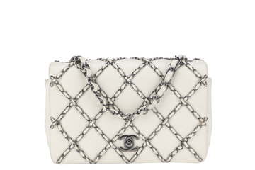 CHANEL QUILTING ENCHAINED FLAP BAG (1968xxxx) WHITE LAMBSKIN LEATHER SILVER HARDWARE WITH , DUST COVER AND BOX