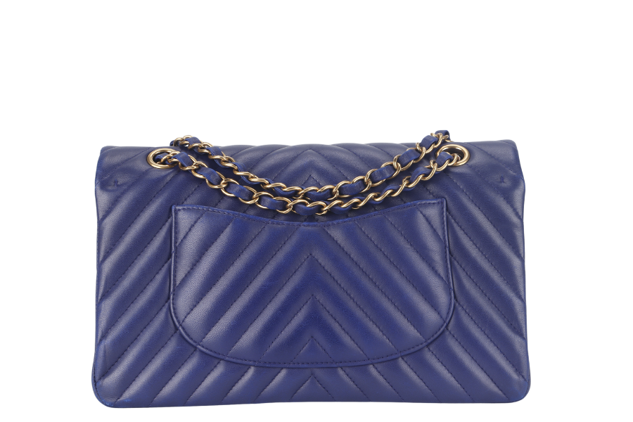 CHANEL CLASSIC FLAP CHEVRON (2117xxxx) DARK BLUE LAMBSKIN GOLD HARDWARE MEDIUM SIZE WITH  AND DUST COVER