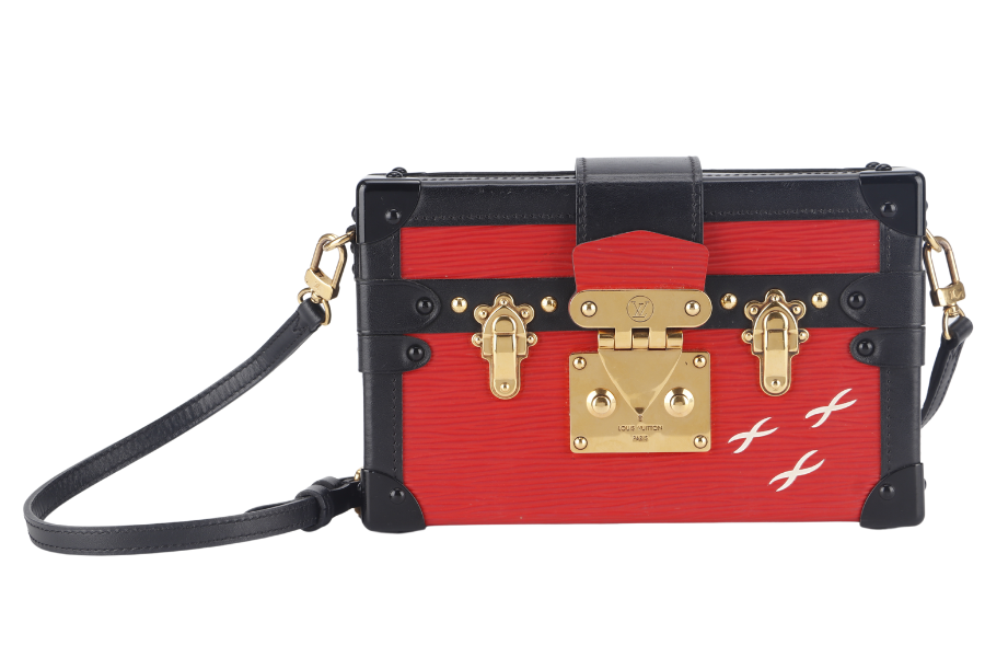 LOUIS VUITTON PETITE MALLE (M500313) ROUGE, BLACK EPI LEATHER SHOULDER BAG GOLD HARDWARE WITH DUST COVER AND BOX