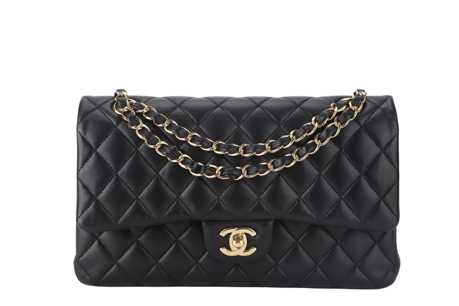 CHANEL CLASSIC FLAP MEDIUM BLACK LAMBSKIN GOLD HARDWARE WITH  (3040xxxx) WITH DUST COVER  AND BOX