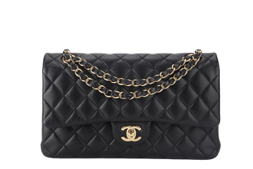 CHANEL CLASSIC FLAP MEDIUM BLACK LAMBSKIN GOLD HARDWARE WITH  (3040xxxx) WITH DUST COVER  AND BOX