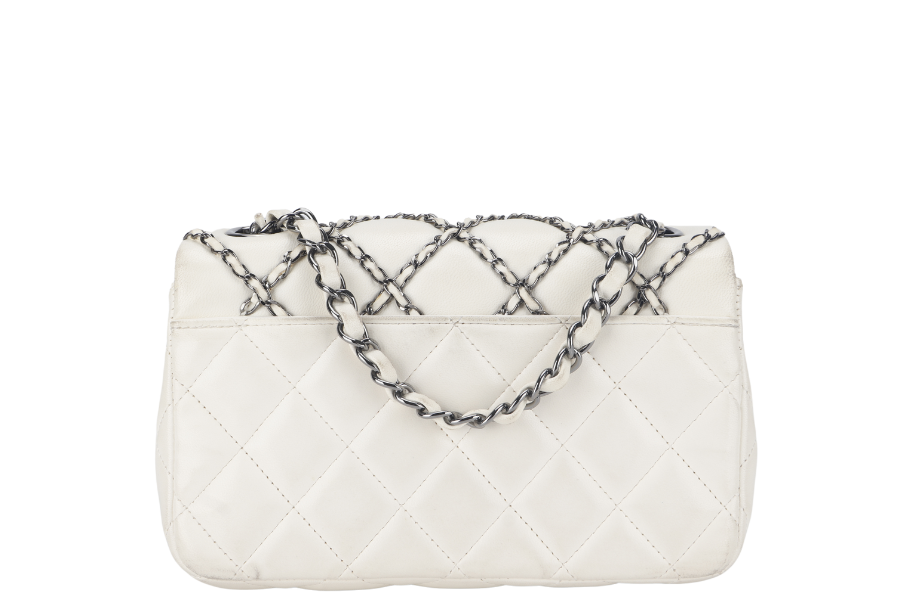 CHANEL QUILTING ENCHAINED FLAP BAG (1968xxxx) WHITE LAMBSKIN LEATHER SILVER HARDWARE WITH , DUST COVER AND BOX