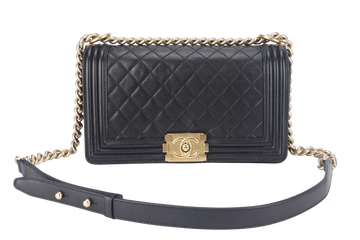 CHANEL LE BOY OLD MEDIUM (2165xxxx) BLACK LAMBSKIN GOLD HARDWARE WITH DUST COVER,  AND BOX